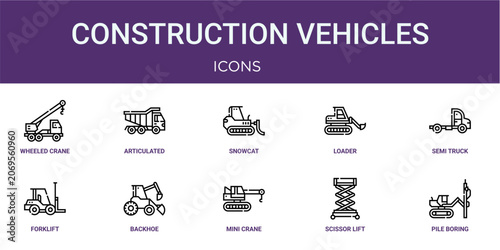 Obraz na płótnie Set of 10 linear Construction Vehicles icons for interface projects, presentations and web graphics