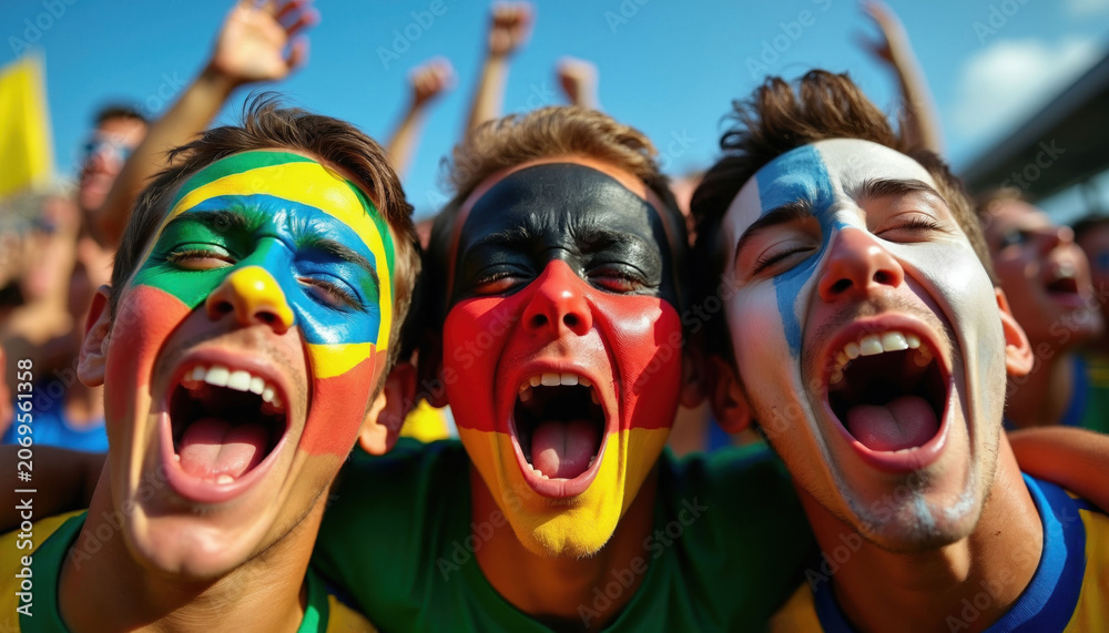 Obraz premium Fans with painted faces cheer loudly. People celebrate victory at sports event. Team supporters shout, wear country colors, express joy during game.