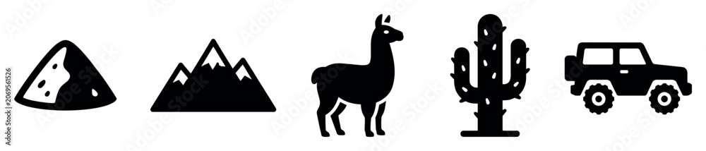 Obraz premium Adventure travel icons set. Outdoor exploration and desert journey concept. Includes sand dune, mountain, llama, cactus, off-road vehicle. Solid black silhouette style