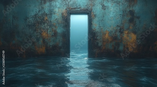 Mysterious open door with glowing light and rippling water in a dark, textured room, conceptual passage