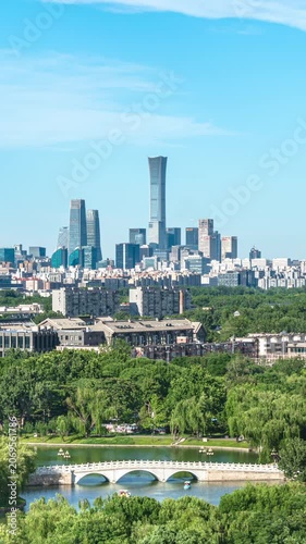 Beijing's skyline and the green spaces and lakes of Taoranting Park, China