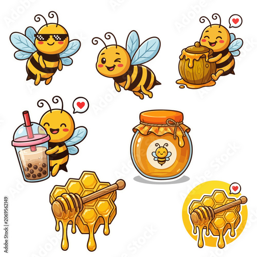 Foto Cute kawaii bee characters with honey pots, bubble tea set