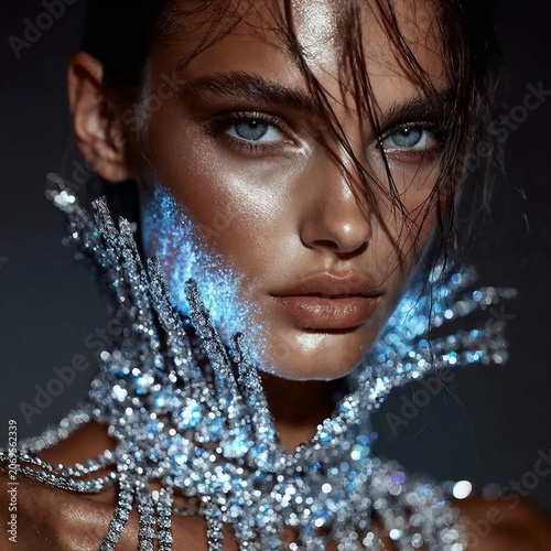 Young woman with striking makeup and jeweled collar in studio setting  