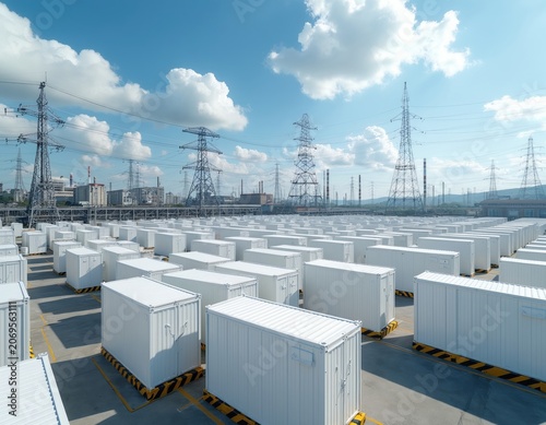 Rows of white containerized energy storage systems stand in open-air power facility. High-voltage transmission towers, industrial buildings dominate background under blue sky with clouds. Scene