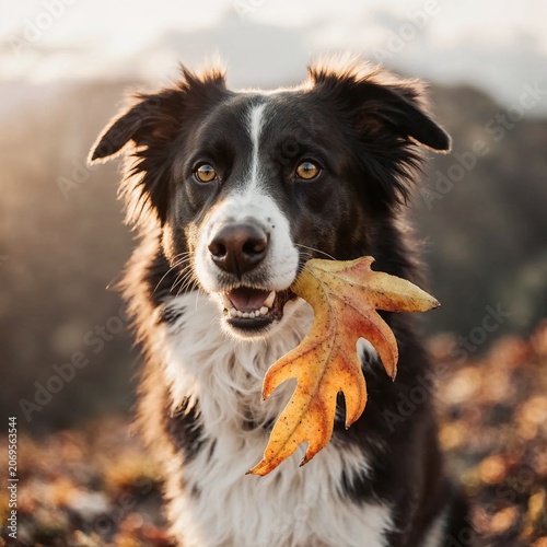 Happy dog holding autumn leaf in its mouth outdoors  