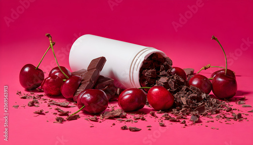 Cherry and chocolate themed arrangement featuring a white tube with chocolate pieces atop, surrounded by fresh cherries and chocolate shavings on a vibrant pink background