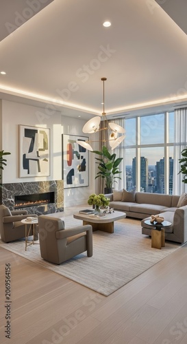Modern living room interior with city view and contemporary design elements