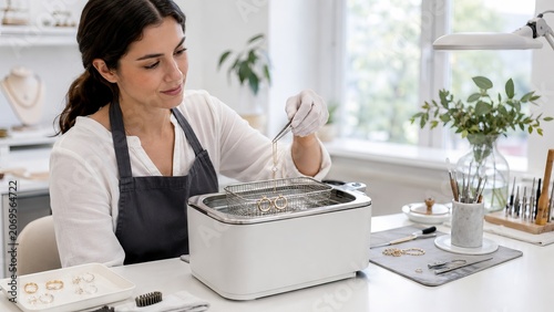 Woman jeweler using ultrasonic cleaner to polish gold necklace and earrings. Professional jewelry repair and maintenance service in workshop. Modern equipment for deep cleaning of accessory