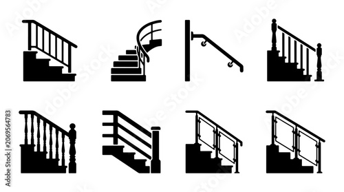 Architectural Staircase Silhouettes: Modern and Classic Railing Designs, Vector Elements for Building and Interior Design