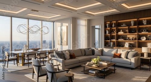 Modern luxury apartment interior with large windows and city view