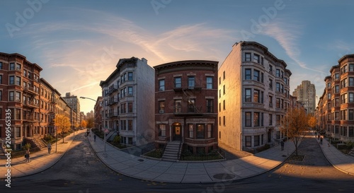 Panoramic view of residential buildings along a city street at sunset