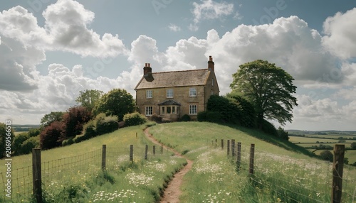 Old stone house on a lush green hillside with a fence
