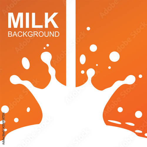 White milk splash and pour design with liquid illustration on orange gradient color background for poster