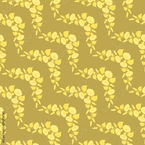 Seamless golden floral pattern. Diagonal pattern with golden morning glory and bindweed flowers on a gold background. Vector illustration.
