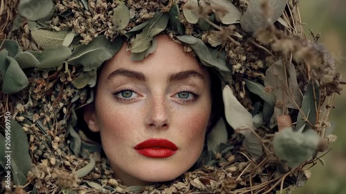 Ethereal woman with bright red lipstick portrait framed by dry foliage and natural leaves creating forest nymph appearance and serene connection with nature in outdoor environment
