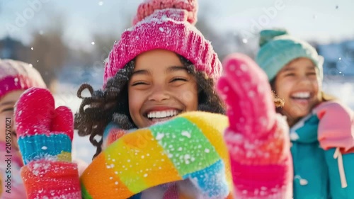 Happy diverse children enjoying playful outdoor winter moment with authentic laughter while wearing colorful knit hats and warm winter clothing during bright sunny day in fresh fallen snow.