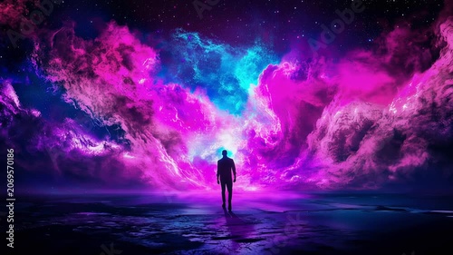 Silhouette of Man Walking Towards Majestic Vibrant Cosmic Nebula with Swirling Pink and Blue Energy Clouds in Deep Starry Universe Atmosphere