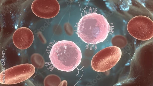 Virus cells and red blood cells in a blood vessel