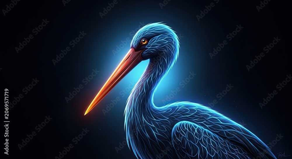 Obraz premium Glowing neon blue heron profile on black background.
