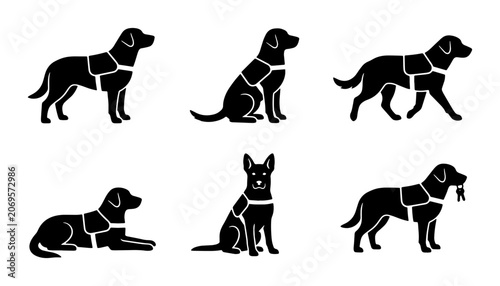 Obraz na plátně Six Black Dog Silhouettes, Service Animal Poses, Vector Icons for Assistance, Tr