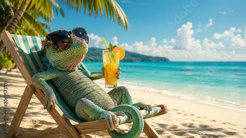 Funny lizard relaxing on a tropical beach chair while enjoying a refreshing summer cocktail.