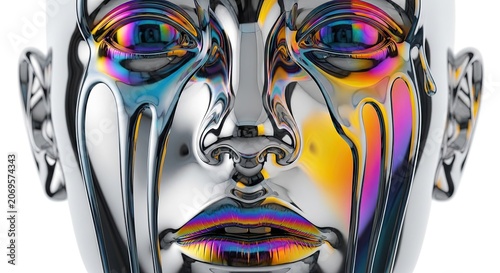 Melting iridescent liquid metal face with holographic chrome reflections.