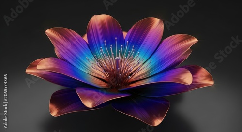 Metallic iridescent lotus flower on black background.