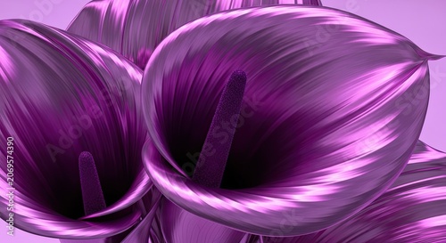 Metallic purple calla lily flowers close up cluster.