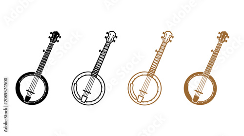 Collection of illustrative banjo design variations: solid brown outline black outline and full black fill icon set