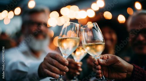 A wide shot of a group of friends raising softly calm festive glasses in a warm toast under bright party lights glass toast open faces bright venue evening workspace full