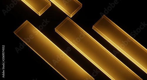 Minimalist golden light bars in dark space.