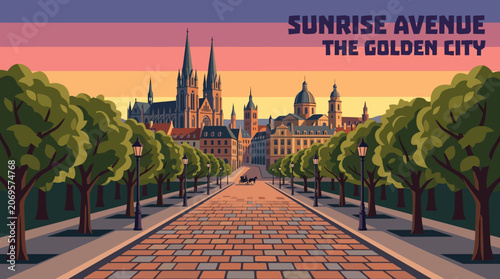 Tableau sur toile Elegant cobblestone avenue lined with trees leading to a stunning city at sunris