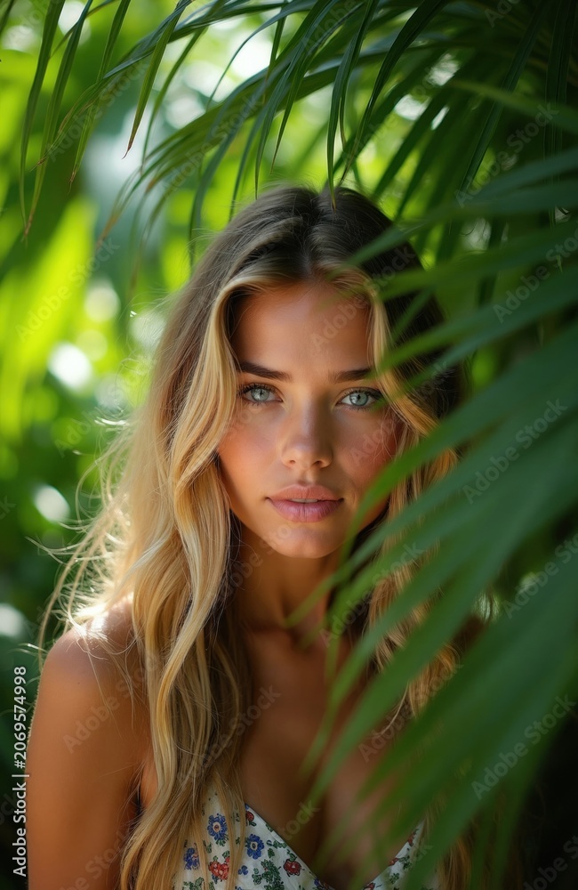 Fototapeta premium Young woman peeks from behind palm leaves. Blonde hair frames face. Blue eyes look at camera. Floral dress visible. Tropical nature surrounds her.