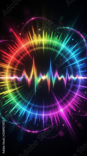Colorful sound wave and audio equalizer bars creating an abstract music spectrum background for digital display