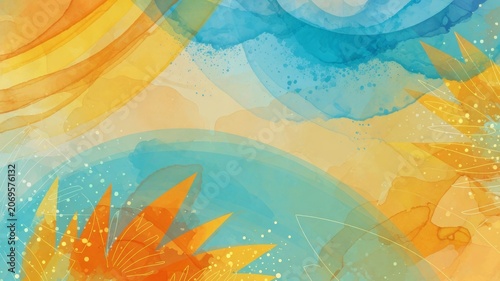 Abstract watercolor background with orange and yellow hues blending into blue brushstrokes and artistic floral elements