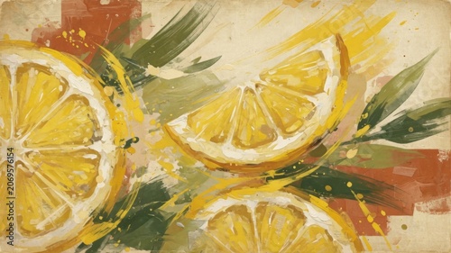 Vibrant lemon slices and green leaves creating a refreshing abstract painting with brushstrokes and splashes