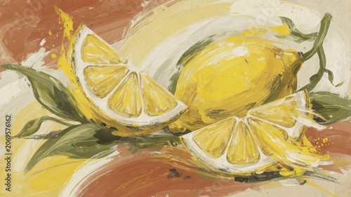 Yellow vibrant lemons, fresh citrus fruits, leaves on an expressive art background, still life painting style