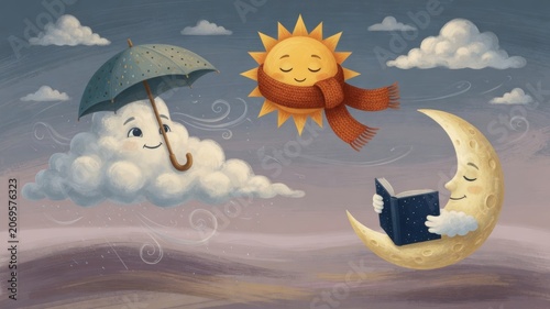 Smiling sky elements with cloud holding umbrella, warm sun, and moon reading book in a whimsical scene