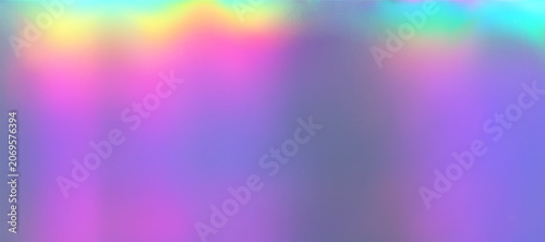 Holograph iridescent foil background with rainbow gradient. Silver neon paper backdrop with bright purple, blue, pink color gradation. Hologram iridescent foil with sunlight reflection. Vector bg