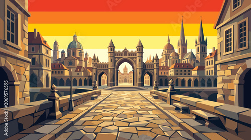 Φωτογραφία Historic stone walkway leading into a magnificent city center with glowing sunri