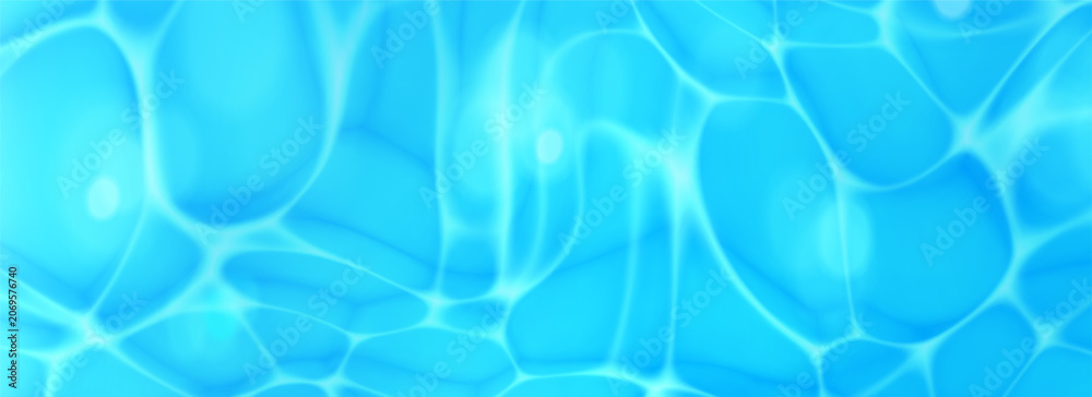 Obraz premium Sea water surface background with bokeh light reflection and ripple waves. Deep ocean underwater or pool with transparent caustic sunlight texture. Summer vacation backdrop. Realistic top view vector