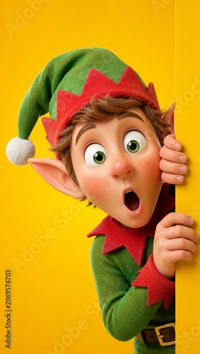 Holiday elf character peeking out from behind an empty yellow wall, showing a surprised expression and looking at space