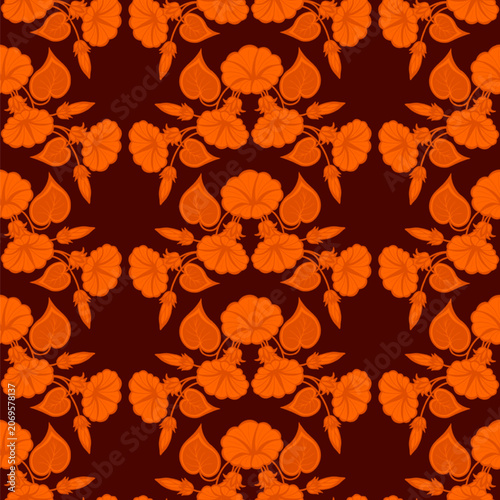 Seamless autumn floral pattern. Wallpaper with morning glory and bindweed flowers in bright autumn colors on a maroon background. Vector illustration.