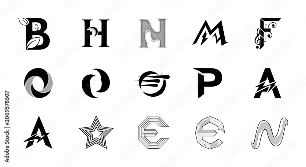 Fototapeta premium Collection of diverse modern letter logos and symbols, graphic design elements