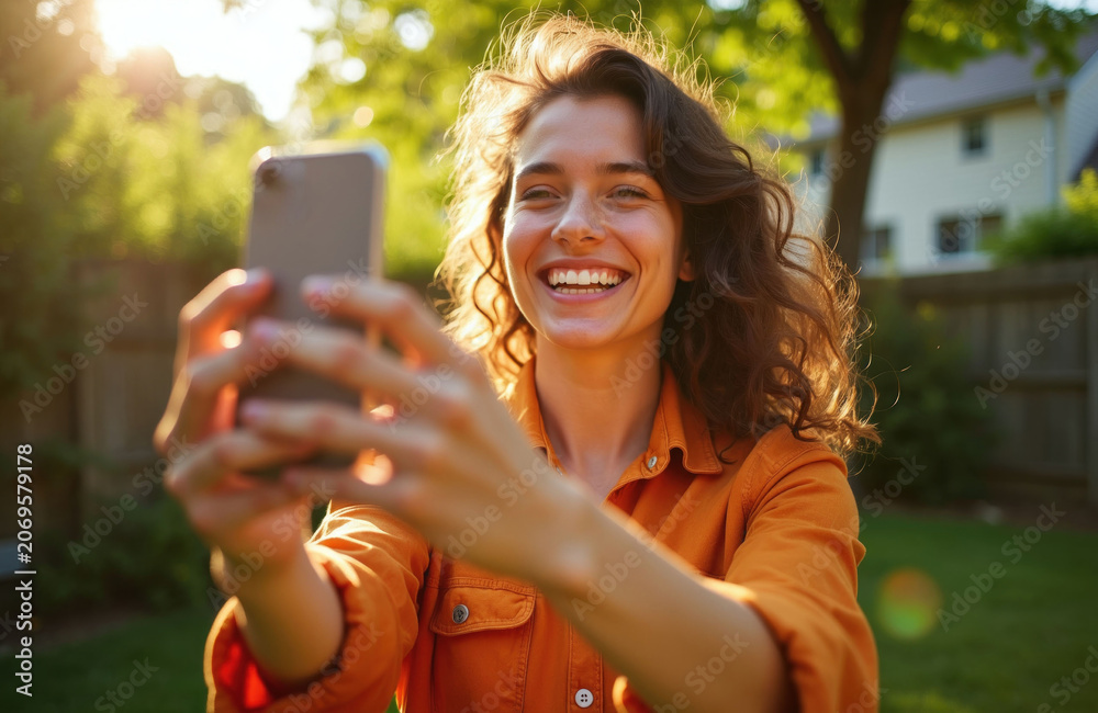 Fototapeta premium Happy woman takes selfie in garden with smartphone. Smiling female in orange shirt enjoys sunny day. Casual outdoor photo with mobile phone.