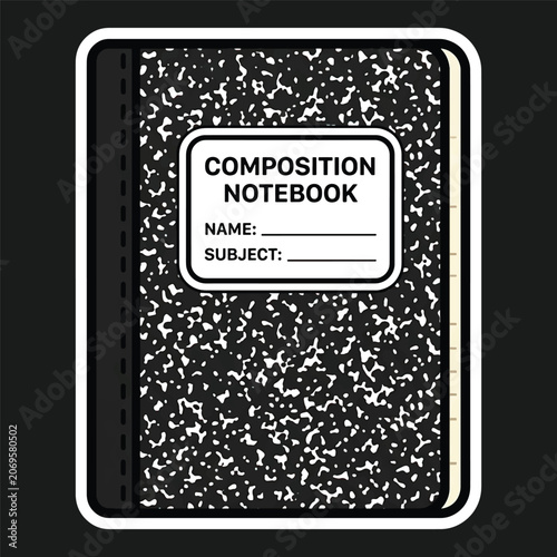 Foto Classic black and white marbled composition notebook sticker with a label, a nostalgic stationery icon perfect for back to school designs