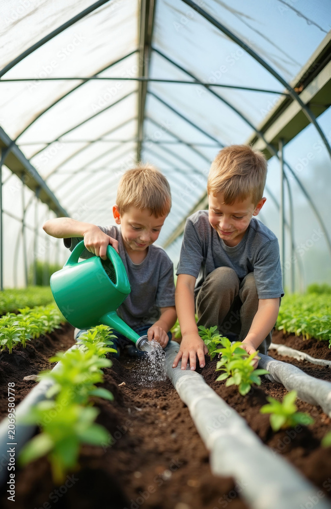 Fototapeta premium Two young brothers water plants in a greenhouse learning about gardening. One boy uses a green watering can while the other tends to seedlings. They cultivate green growth together.