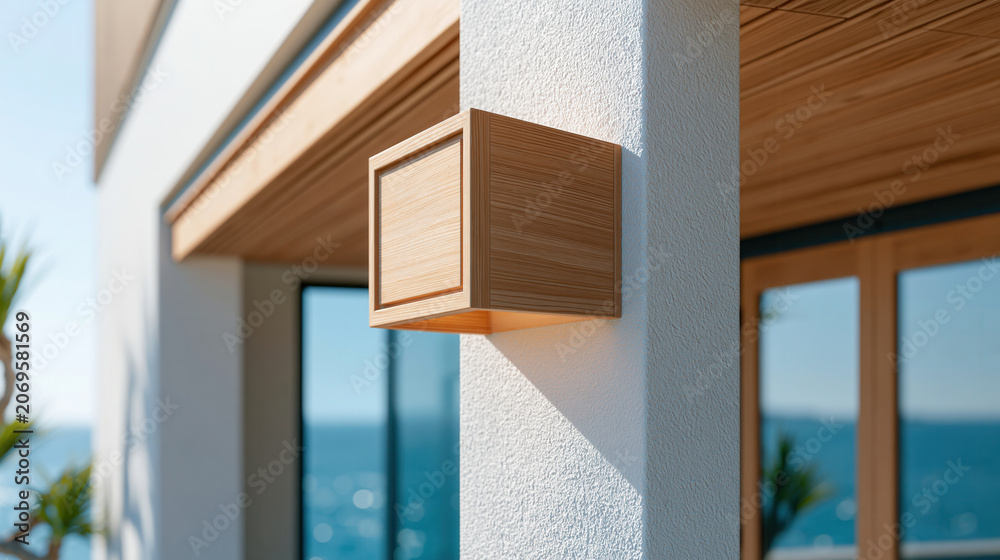 Naklejka premium Close up of modern wooden square wall light fixture on white outdoor pillar