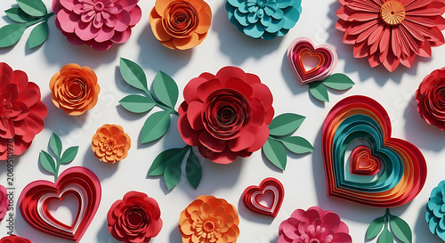 Colorful handmade paper flowers and heart shapes arranged on white background for romantic greeting card or craft decoration