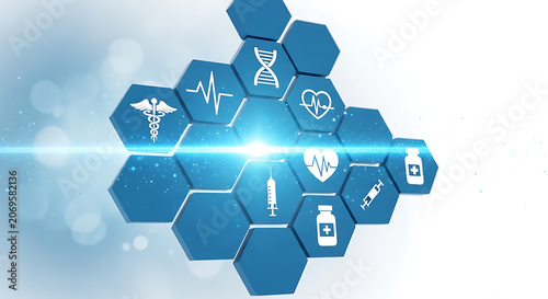 Blue hexagonal tiles with medical and healthcare representing digital health technology and modern science research data
